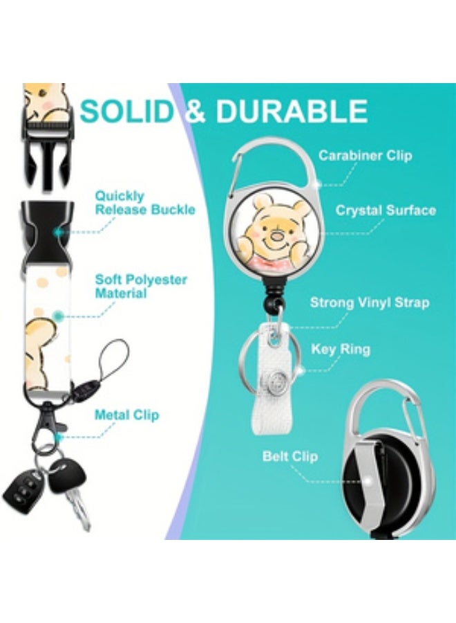 Disney 3-in-1 Disney Blue and White Winnie the Pooh Logo Plastic ID Holder with Lanyard, Retractable ID Roller, Keychain and Extension Chain - Suitable for workers, students, bus drivers, doctors, nurses, etc. - Image 3